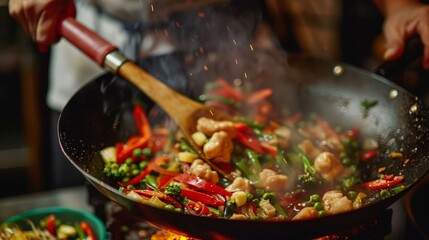 Chef is stirring vegetables in wok