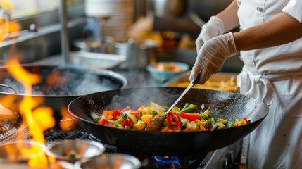 Chef is stirring vegetable in wok - obrazy, fototapety, plakaty