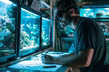 An aquarium enthusiast is contemplating designs for aquatic tank layouts in a room illuminated by tank lighting - obrazy, fototapety, plakaty
