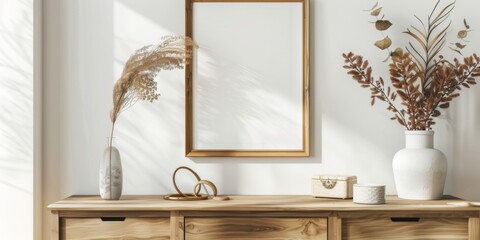 Mock up frame in home interior background, white room with natural wooden furniture, 3d render, 3d illustration