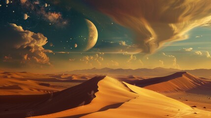 Stunning sci-fi landscape depicting a desert with multiple moons in a distant galaxy or parallel universe - obrazy, fototapety, plakaty