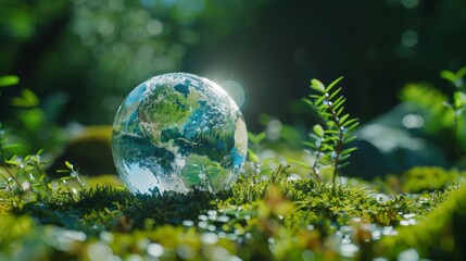 Obraz na płótnie Canvas Crystal globe putting on moss, ESG icon for Environment Social and Governance, World sustainable environment concept.
