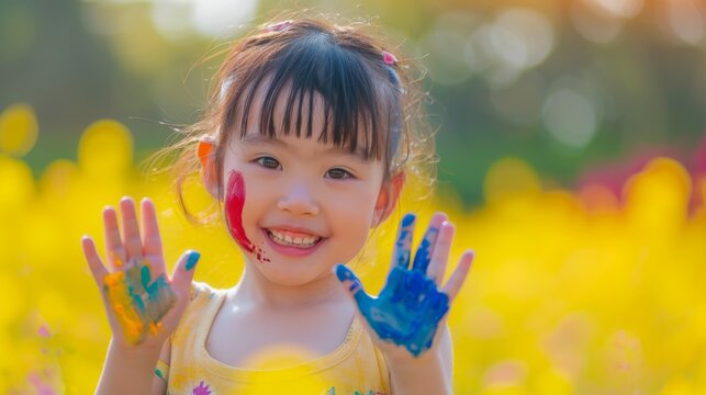Cute asian little child girl with painted hands smiling with fun and happiness on yellow nature background