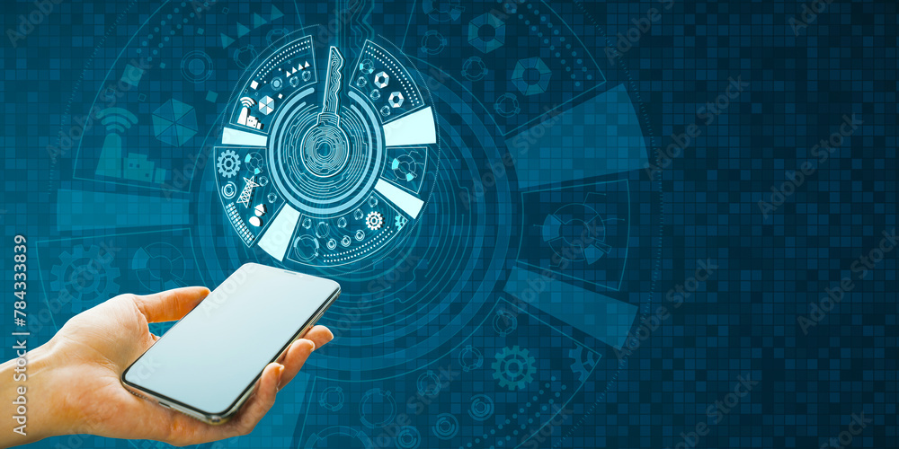 Poster close up of female hand holding cellphone with creative round digital key hologram on blue tech back