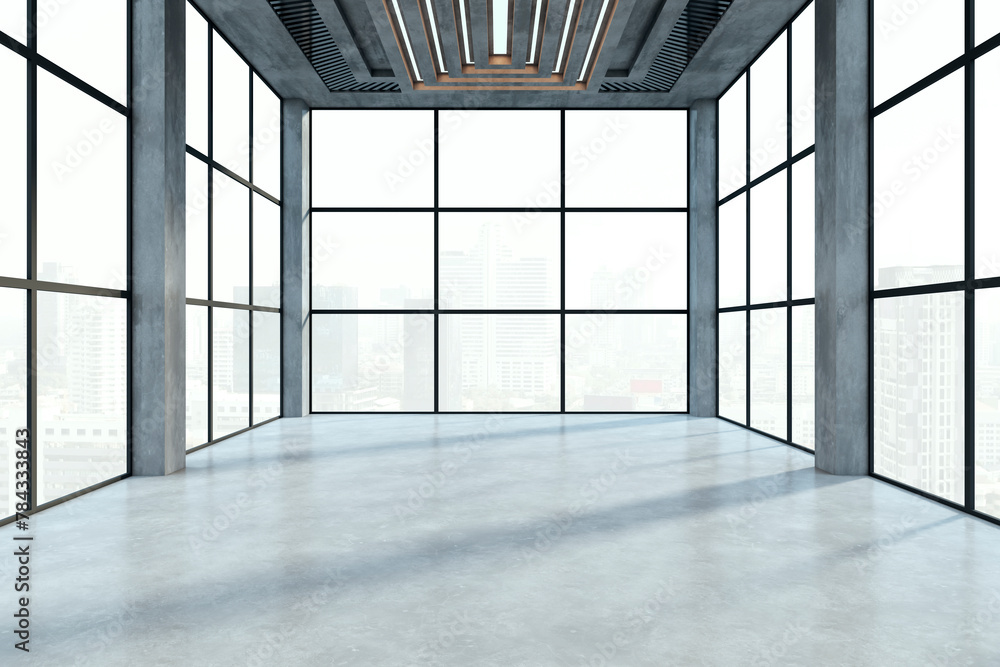 Poster empty spacious interior with panoramic windows and city view. 3d rendering.