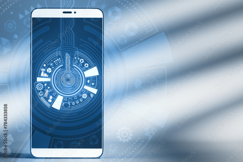 Poster Close up of smartphone with creative round digital key hologram on blurry background. Concept of cyber security or private key, abstract digital key with technology interface. 3D Rendering.