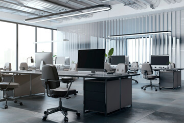 Bright coworking office interior with windows and city view, partition, furniture and computers. 3D Rendering.