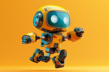 A vibrant and playful cartoon robot, perfect for kids' media, in a colorful and friendly 3D pose