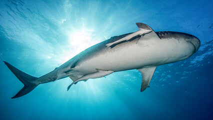 El tiburón tigre resplandece bajo la luz del sol - obrazy, fototapety, plakaty