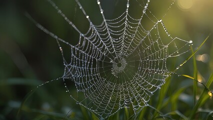 A delicate, dewy spider web glistens in the early morning light, intricately woven between blades of grass. The center of the web is adorned with shimmering droplets, like precious jewels adorning a r