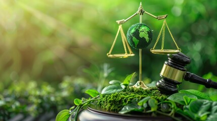 Environment Law. Green World and gavel with scales of justice on the green. law for principles of sustainable environmental conservation.