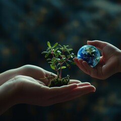 Exchange of planets in the hands of humans with young plants, the concept of Earth Day.