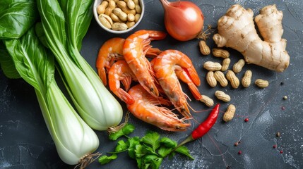 Flying wok ingredients - shrimp, vegetables, pak choi leaves, onions and peanuts. Asian food delivery. Chinese recipes. - obrazy, fototapety, plakaty