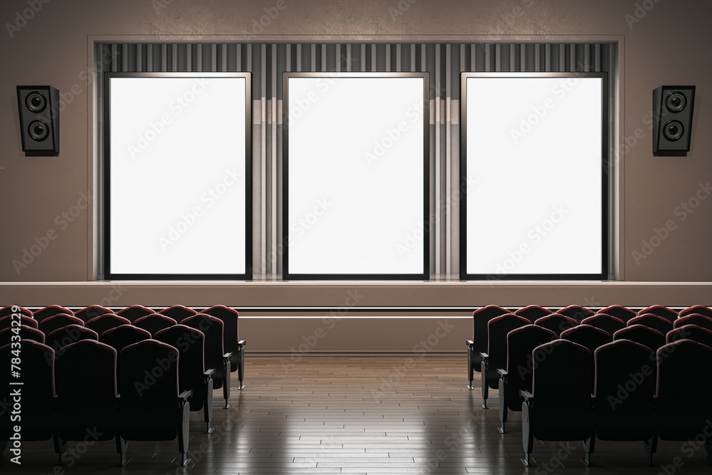 Aufkleber dark themed cinema hall with triple screen setup for an immersive experience. 3d rendering