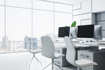 Bright office interior design with minimalist furniture and city horizon. Corporate environment. 3D Rendering