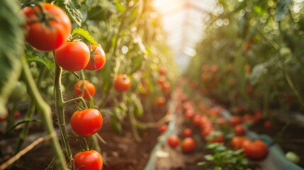 Fresh ripe red tomatoes plant growth in organic greenhouse garden ready to harvest