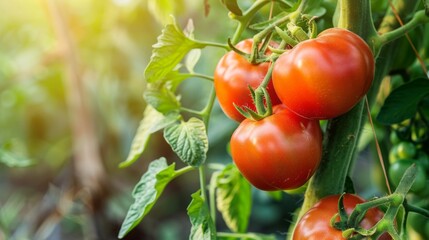 Fresh ripe red tomatoes plant growth in organic greenhouse garden ready to harvest