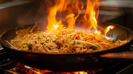 fried noodles cook in pan with big fire flame is hong kong style. Pad Thai favorite and famous Asian Thai street fast food in hot pan, Pad Thai is fried rice noodle dish a street food Thailand - obrazy, fototapety, plakaty