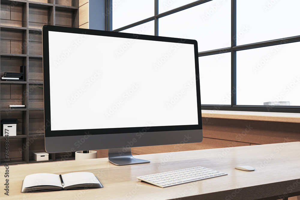 Poster close up of clean designer office workplace with empty white computer monitor, window with city view