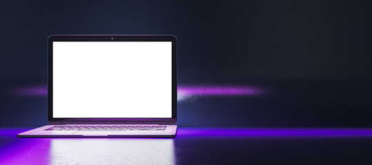 Close up of creative neon purple light gaming laptop computer with empty white mock up screen. 3D Rendering.