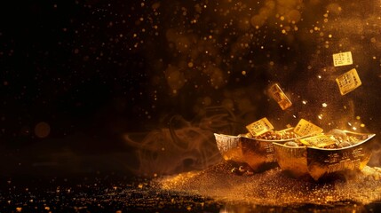 Gold Ingot Chinese Money bar token fly with dust particle in air. Chinese new year Yuanbao gold ingots floating to golden money sand particle. - obrazy, fototapety, plakaty