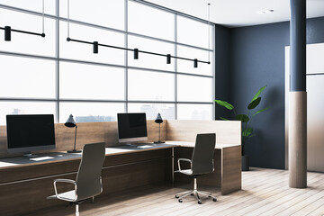 Bright coworking office interior with wooden flooring, panoramic windows with city view, dark concrete walls and various items and objects. 3D Rendering.