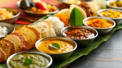 Group of South Indian food like Masala Dosa, Uttapam, Idli/idly, Wada/vada, sambar, appam, semolina halwa, upma served over banana