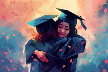 Asian girl graduate smiles and hugs her friend at the graduation ceremony. Friends relationship. Watercolor illustration. Copy space for text. 