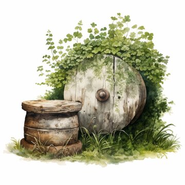 Rustic Wheel and Barrel Engulfed by Greenery in Watercolor