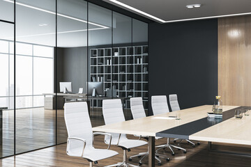 Glass classic meeting room interior with furniture, window and city view. 3D Rendering.