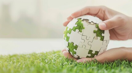 Hands holding white jigsaw with globe glass earth with green grass field in side on light pastel background, Friendly World Sustainable Environment Natural Day and Save our Earth Concept