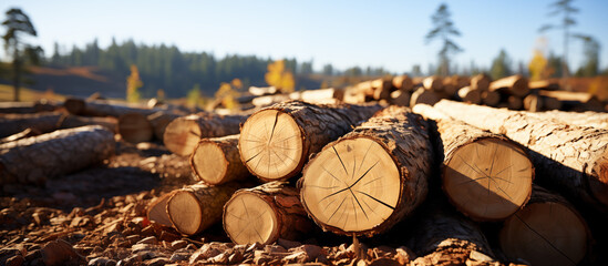 Stack of Logs in a Sunny Forest Clearing. The Impact of Deforestation and Climate Change