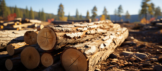 Stack of Logs in a Sunny Forest Clearing. Sustainable Forestry and Forest Management