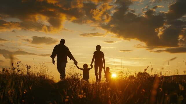 In the general plan, against the background of the sunset sky, silhouettes of a family with two young children move from left to right, everyone holds hands and merrily walks and leaves the frame