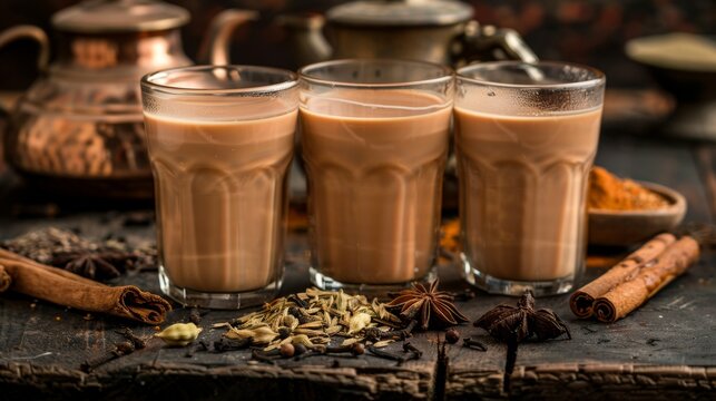 indian masala chai or tea in traditional glasses, with kettle, spices and tea leaves on dark, wooden background. cafe, retro, restaurant, vintage, ethnic, healthy, hotel concepts.