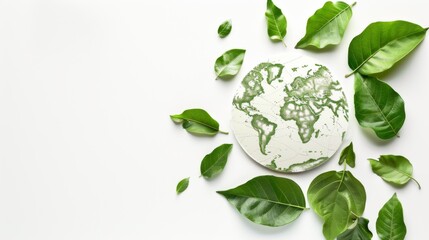 Invest in our planet. Earth day 2023 concept background. Ecology concept. Design with globe map drawing and leaves isolated on white background.