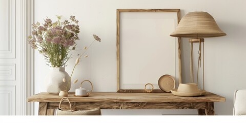 Obraz na płótnie Canvas Mock up frame in home interior background, white room with natural wooden furniture, 3d render, 3d illustration