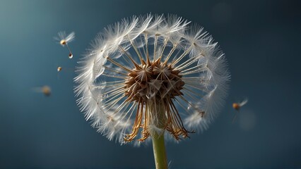A delicately precariously dandelion seed head, each seed poised for flight, set against a dreamy blue sky. This enchanting and evocative image captures the essence of fleeting beauty in nature. The ex