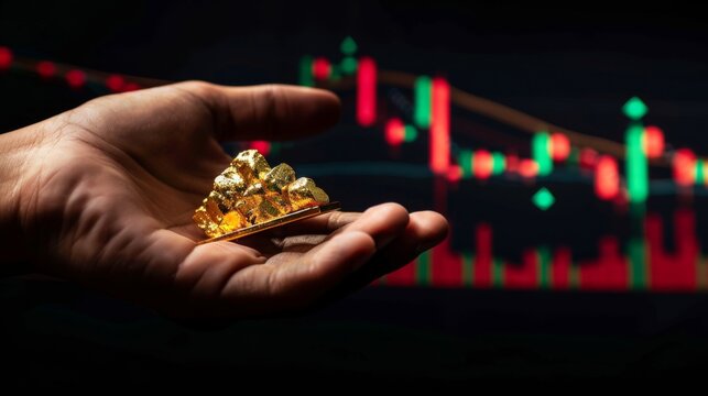 Male hand holding gold ingot and fluctuating gold price chart with rising and falling prices on black background.