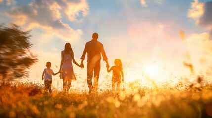 people in the park. happy family silhouette walk at sunset. mom dad and daughters walk holding hands in park. happy family kid dream concept. parents and kids walking fun
