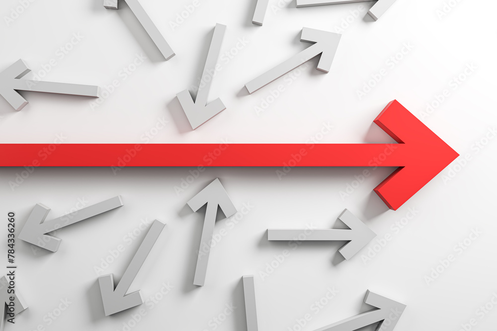 Poster various white and red arrows on light background. growth and leadership concept. 3d rendering.