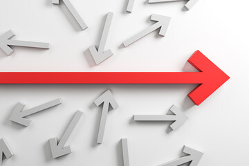Various white and red arrows on light background. Growth and leadership concept. 3D Rendering.