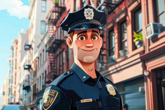 Cartoon Caricature of a Police Office in the City.  Generated Image.  A digital illustration of a male police officer in the city.