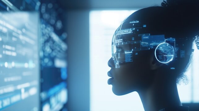 African American young medical science and computer engineer woman person teaching AI on digital technology overlay virtual reality office background as machine learning concept