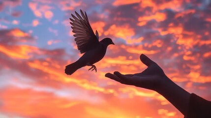 Silhouette's hand and bird flying in beautiful sky - obrazy, fototapety, plakaty