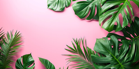 Tropical leaf palm, monstera on a simple soft studio pink background, top view, lot of copy-space
