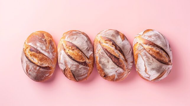 loafs of sourdough bread, on a simple soft studio pink background, top view, lot of copy-space
