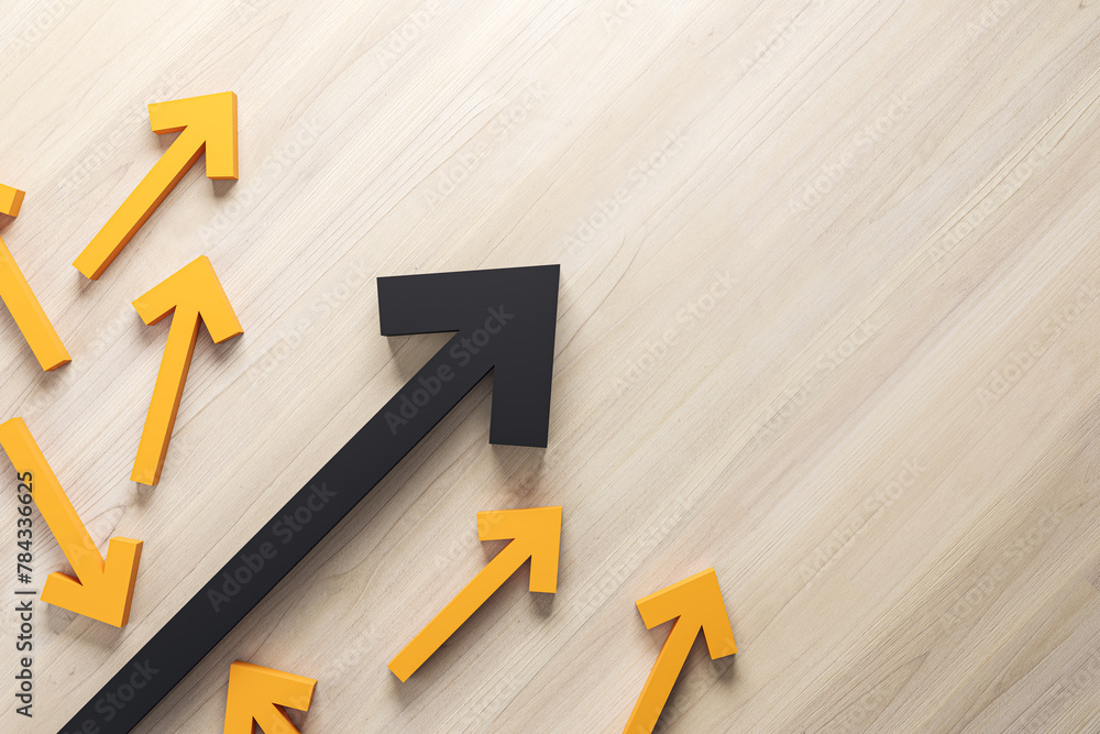 Poster various black and yellow arrows on wooden surface backdrop with mock up place. growth and leadership