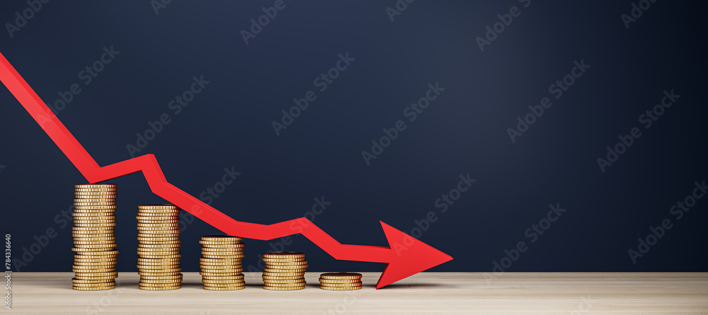 Poster stacked coins and a red arrow graph representing financial crisis on a dark blue background, concept