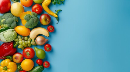 Fresh Variety of Fruits and Vegetables on Blue - obrazy, fototapety, plakaty